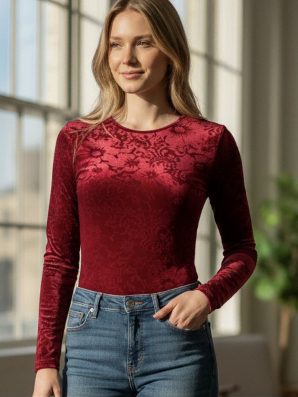 Haute Monde Velvet Burnout Floral Long Sleeve Bodysuit - Deep Wine